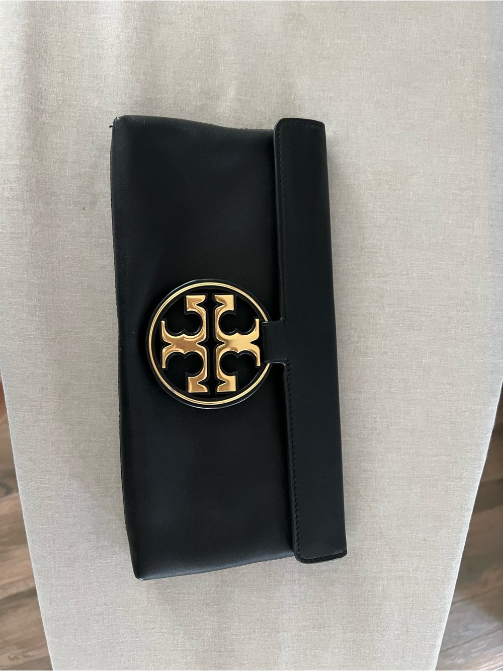 Tory Burch Black Leather Clutch with Gold Logo Medallion